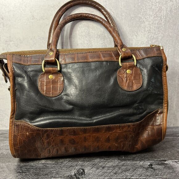 BRAHMIN HANDBAG BLACK  PURSE WITH  BROWN  CROCODILE ALLIGATOR AND GOLD  ACCENTS - Picture 4 of 13